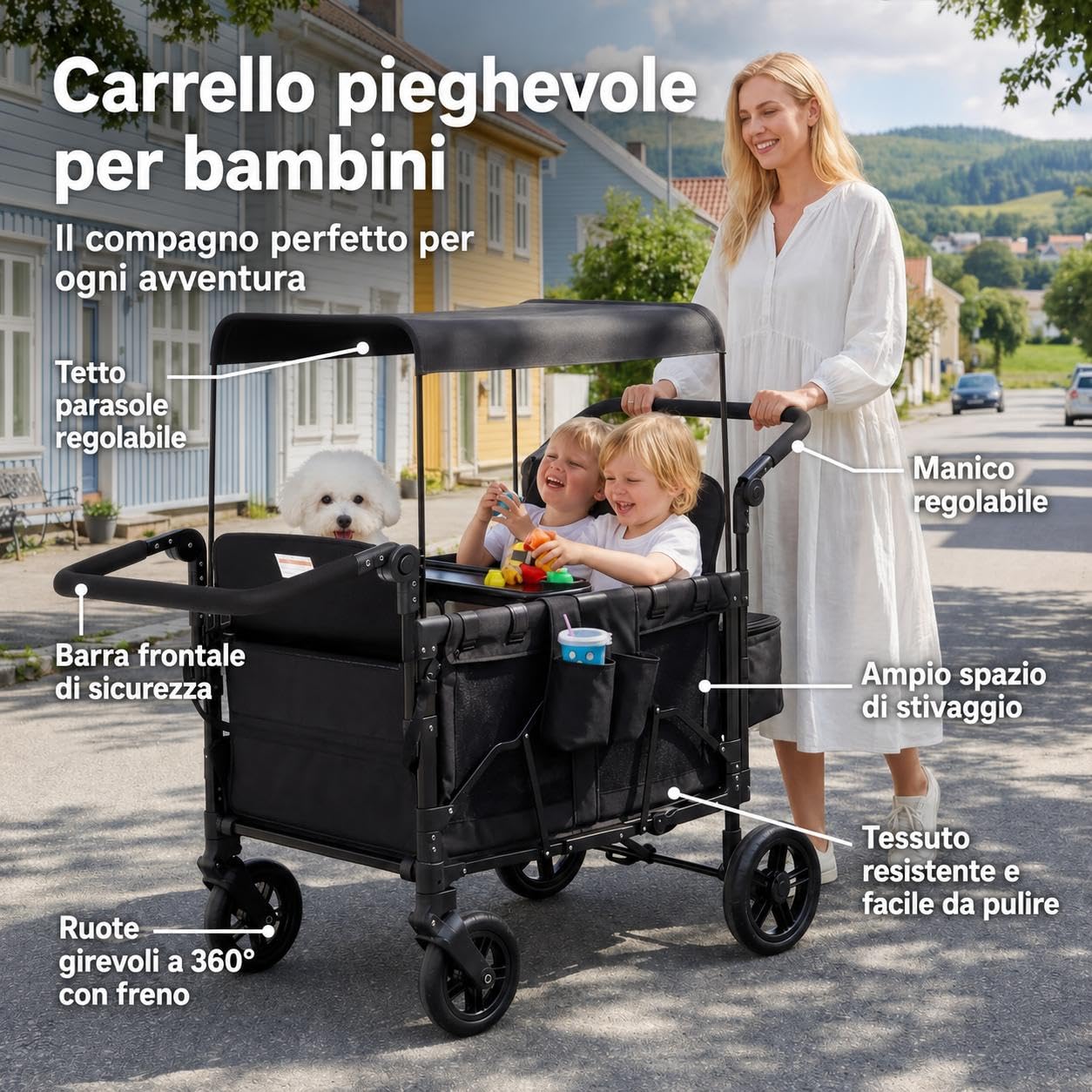 Passeggino a 4 Posti Per Bambini Pieghevole Tutto Terreno, Cappottina Regolabile, Maniglia Push & Pull, Vassoio Merenda, Imbracatura 5 Punti Di Sicurezza, Ruote Girevoli e Fisse, Spazio Ampio