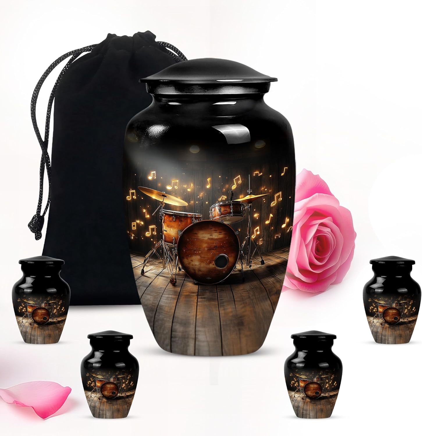 Black Drum Set Large Funeral urns for Ashes Adult Male & Female - Small Funeral urn for Ashes 1 Large 2 Keepsake