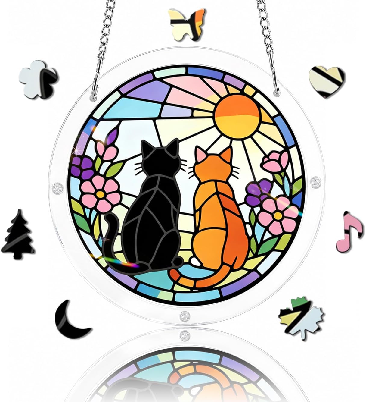 Cat Lover Acrylic Puzzle Suncatcher, Violet Garden Stained Glass Window Hanging