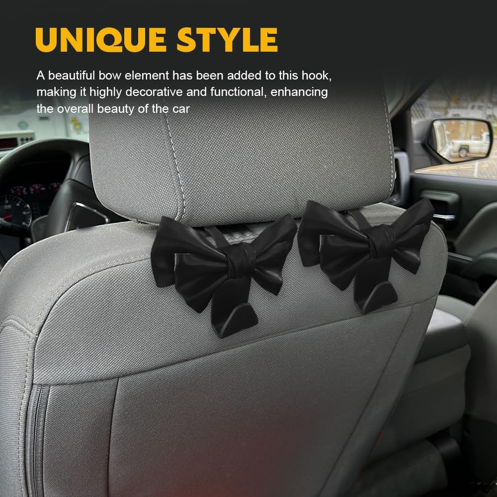 2pcs car seat headrest hooks, car purse hook for car, cute bow car rear seat storage hooks, universal auto interior decoration accessories for purses, bags, umbrella (black)