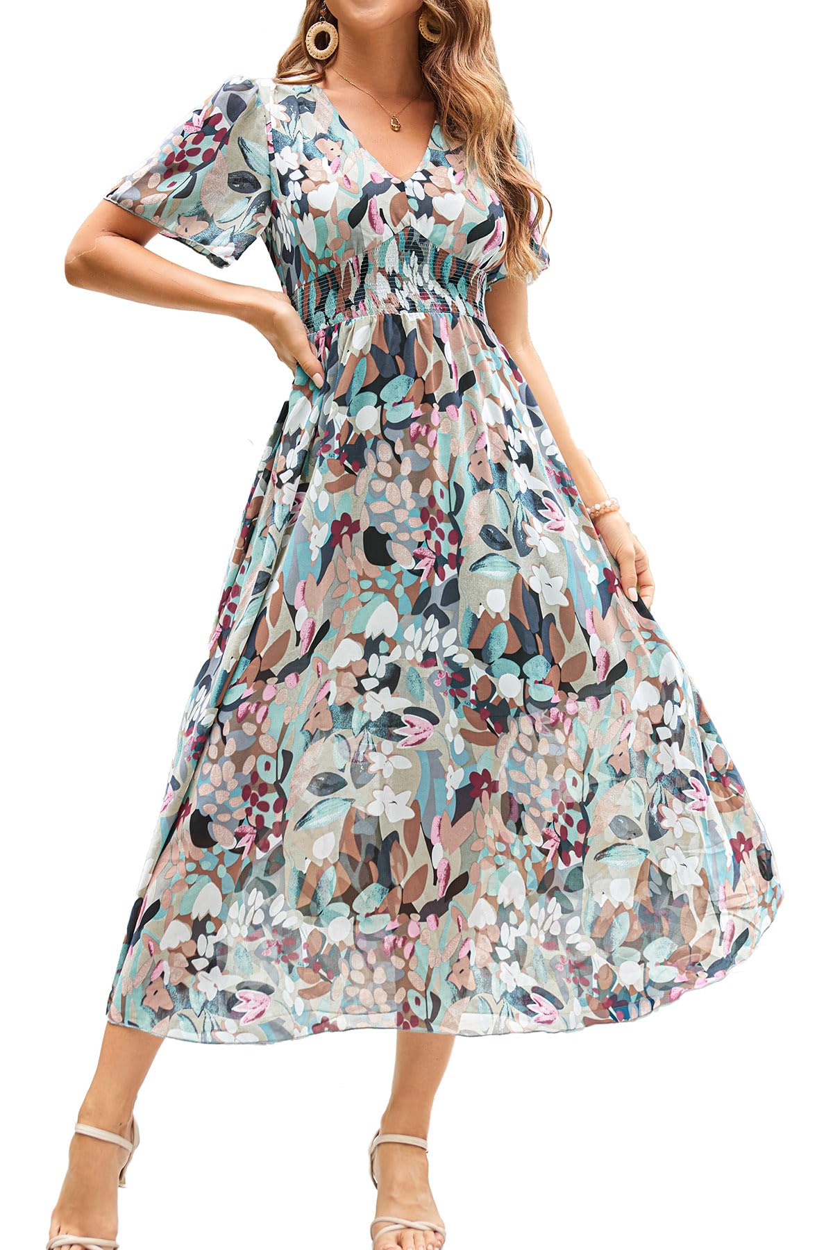 Women's Floral Maxi Dress Flowy V Neck Empire Waist Summer Wedding Guest Party Casual Chiffon Dress