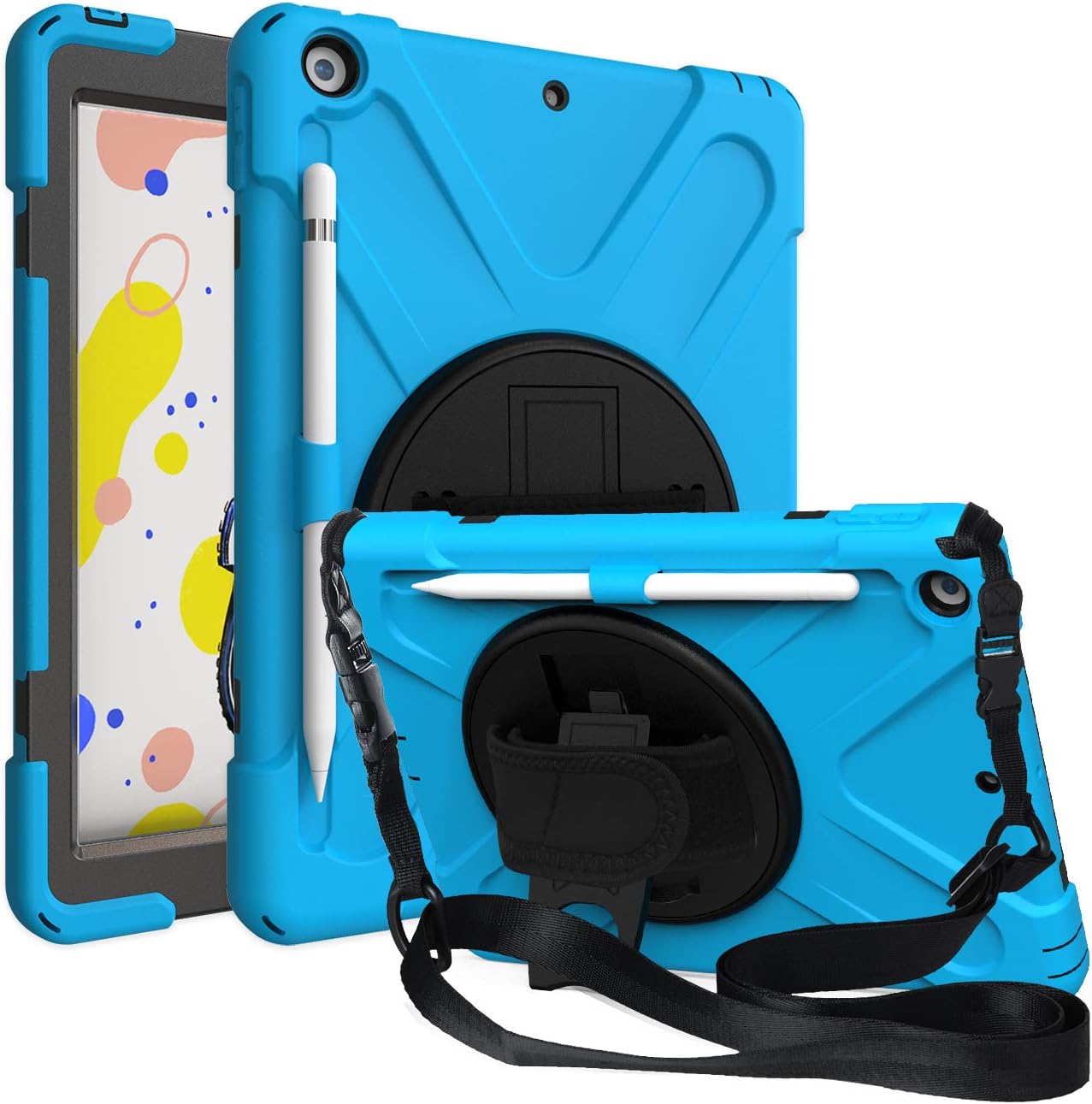 KIQ Shield iPad 9th Generation Case 10.2 Inch 2021, Heavy Duty Kids iPad 10.2 8th Generation Case w/Pencil Holder Hand Carrying Strap for Apple iPad Case 7th Gen 8th Gen 10.2 2019 2020 (Light Blue)