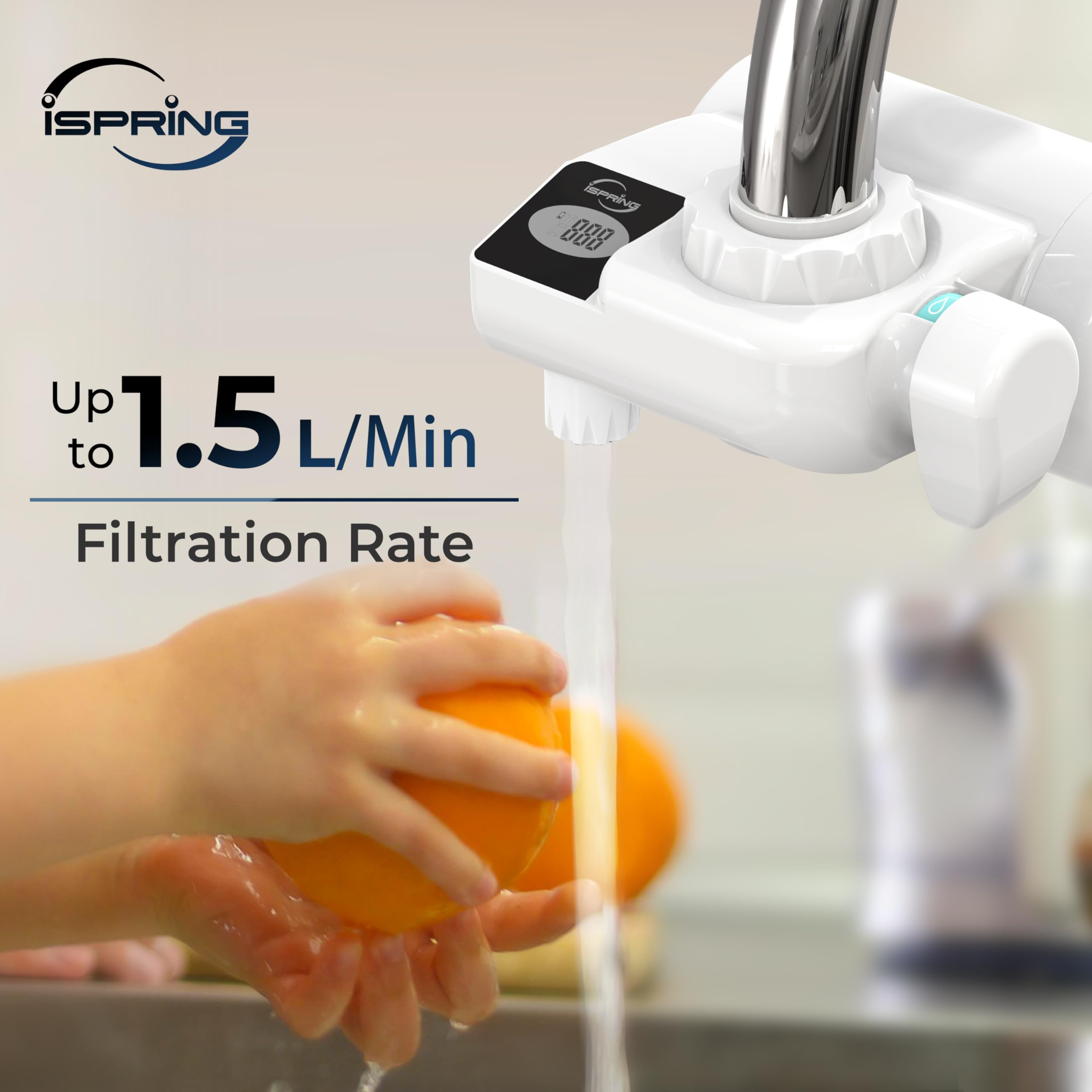 iSpring DFGB1W kran z filtrem do wody, żywotność 600 l | Cyfrowy wyświetlacz, system filtracji wody bloków węglowych, redukuje 99% chloru, zły smak