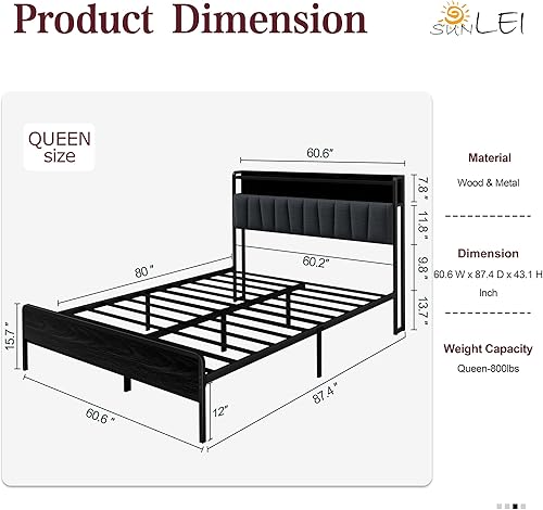 Miniatura 2 de SUNLEI Base de cama Queen con luz LED, plataforma de metal con puerto de carga y cabecera de almacenamiento de tela de lino, listones de metal