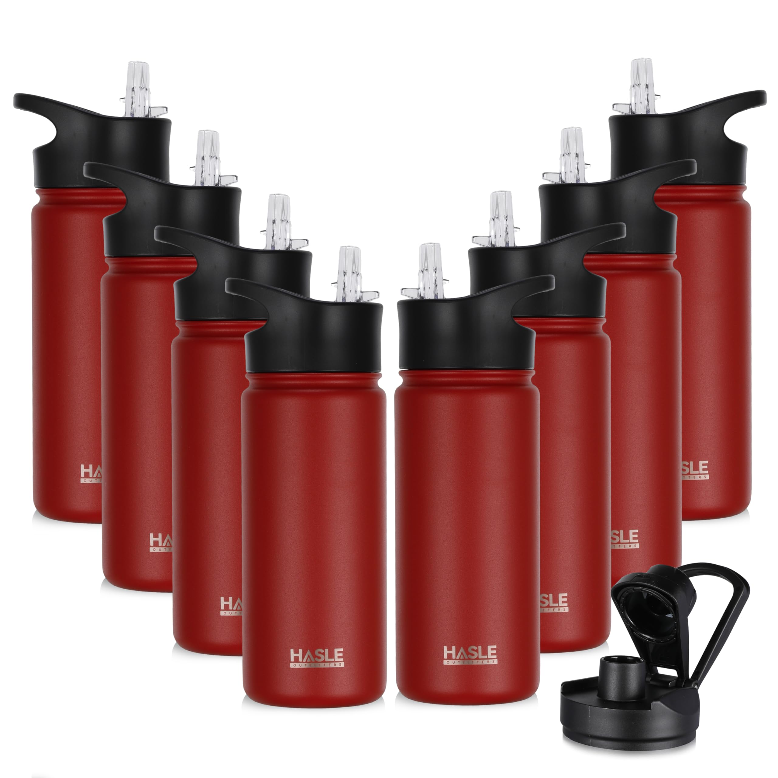 View 2 of **6 LIDS ONLY** HASLE OUTFITTERS Insulated Water Bottle 16 oz, Stainless Steel, Red (8 Pack)