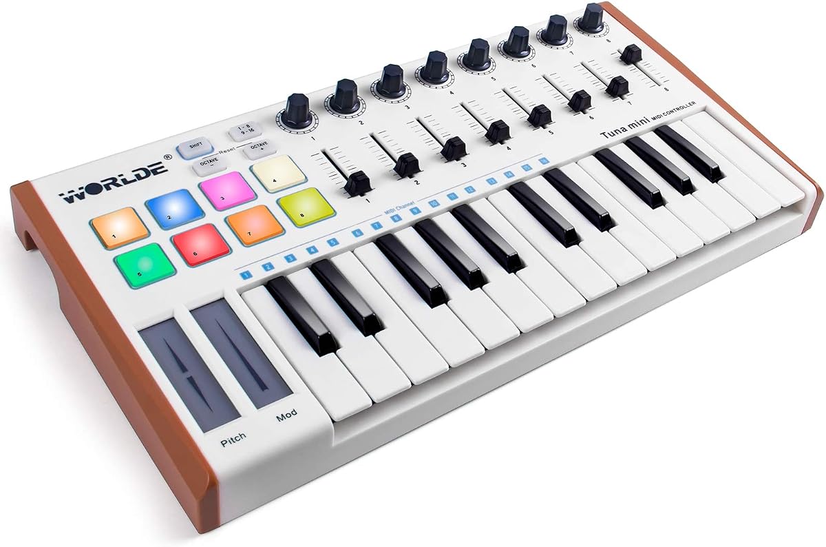 Midi Controller, lotmusic Worlde TUNA PANDA MINI 25 Keys Portable USB Midi Keyboard with 8 RGB Backlit Colorful Drum Beat