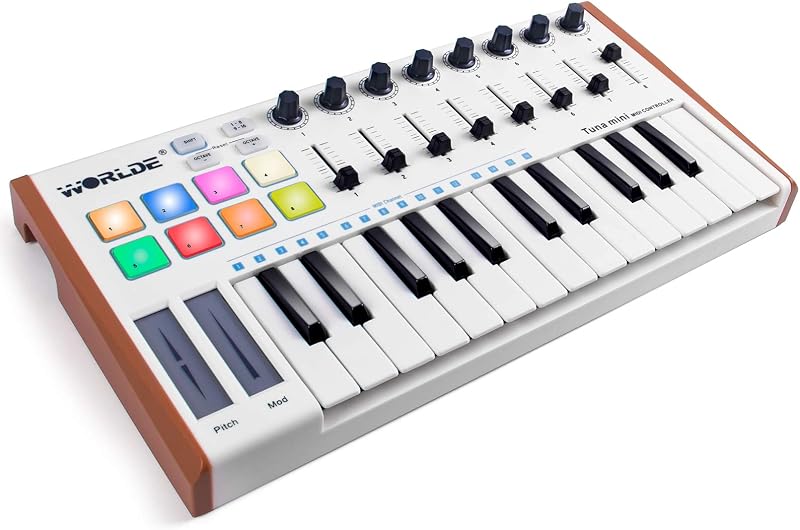 Midi Controller, lotmusic Worlde TUNA PANDA MINI 25 Keys Portable USB Midi Keyboard with 8 RGB Backlit Colorful Drum Beat