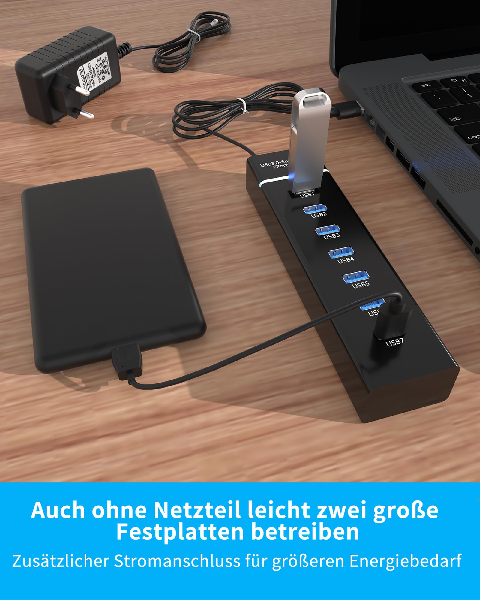 Hub USB 3.0 Attivo VEMONT 7 Porte + 1 Porta Ricarica - Con Alimentatore 5V/3A E Interruttori Individuali