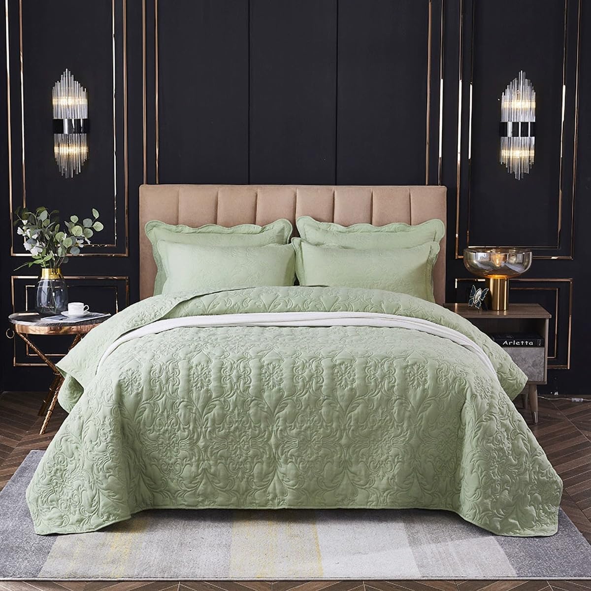 Dessus de lit lavé haut de gamme vert matcha avec taies d'oreiller