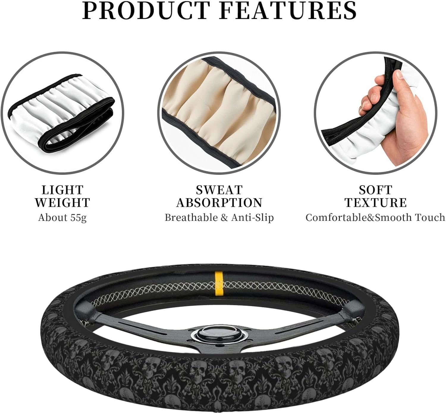 Gothic Black Skull Universal Steering Wheel Covers, Cute Car Accessories for Women Girls Car Truck