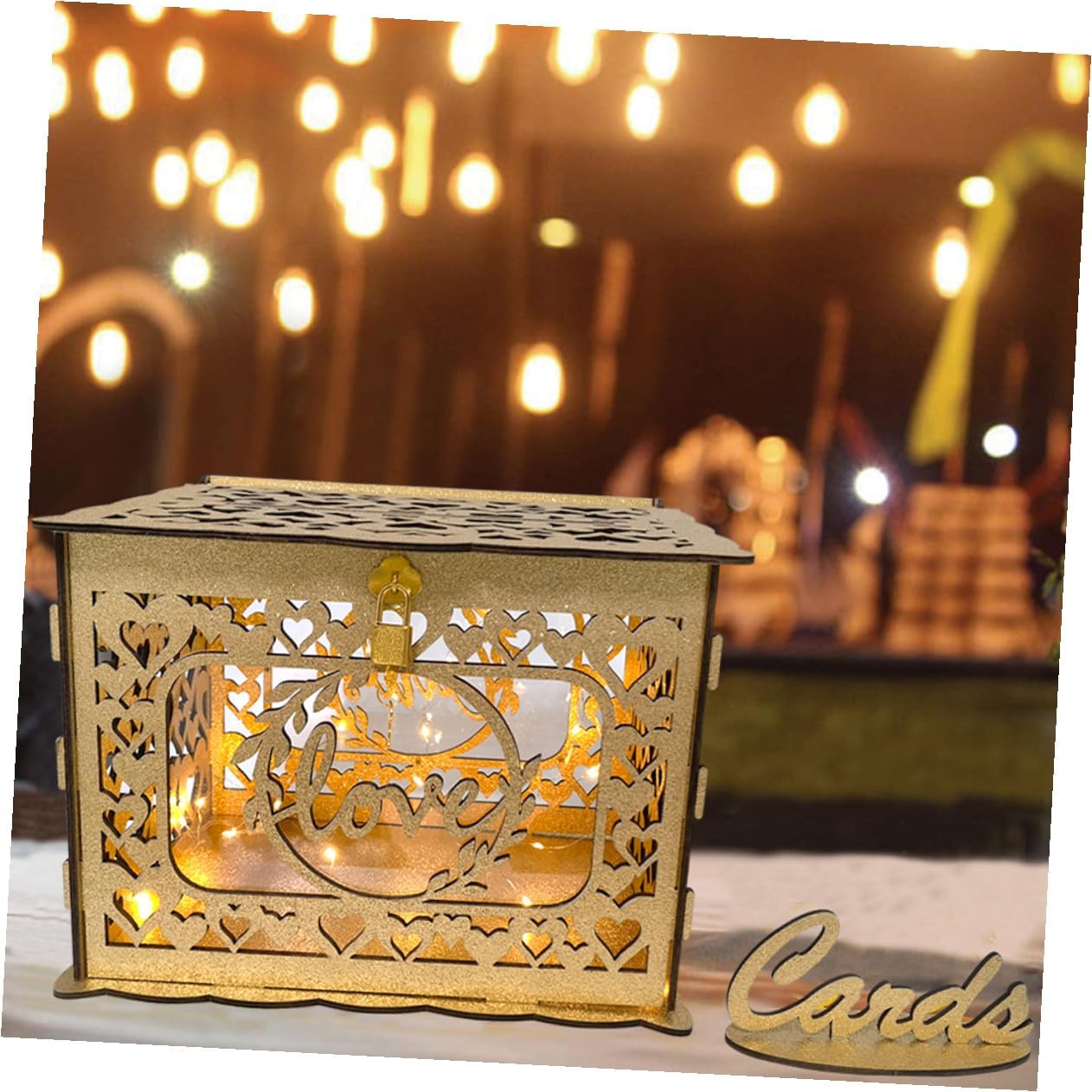 Wooden Hollow Greeting Card Box Glitter Wedding Reception Card Holder Anniversary Portable Blessing Container for Birthday and Valentine’s Day