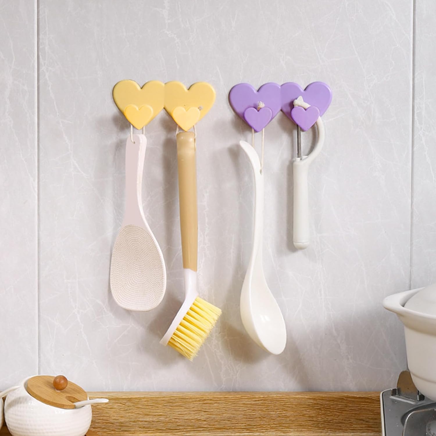 4 Packs Heart Shaped Wall Hooks - Adhesive Coat Rack Mount, Damage Free Hanging Hooks for Bathroom Kitchen Decor (Pink)
