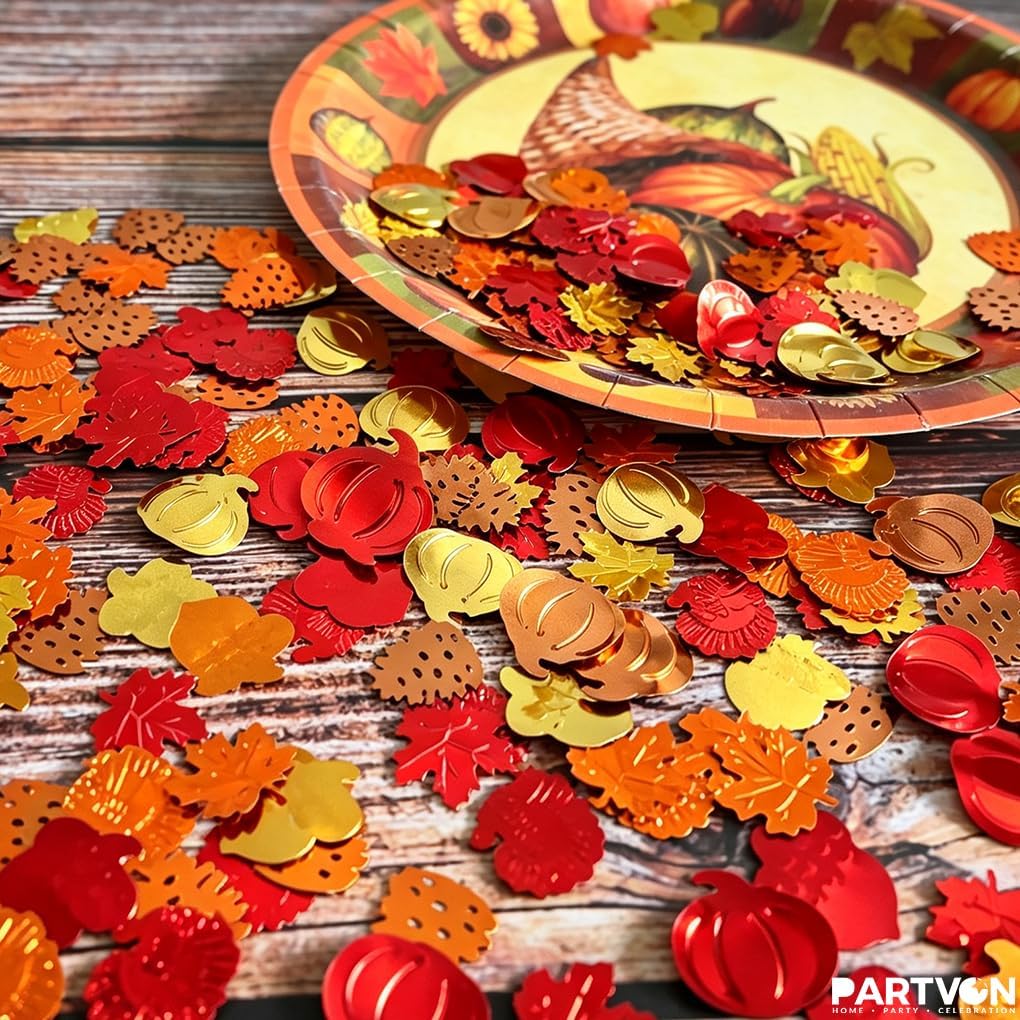 500 Pieces Fall Confetti - Autumn Foil, Thanksgiving Maple Leaves, Turkey, Pumpkin, Pinecones, Acorn Sprinkles for Table Decorations and Party Supplies