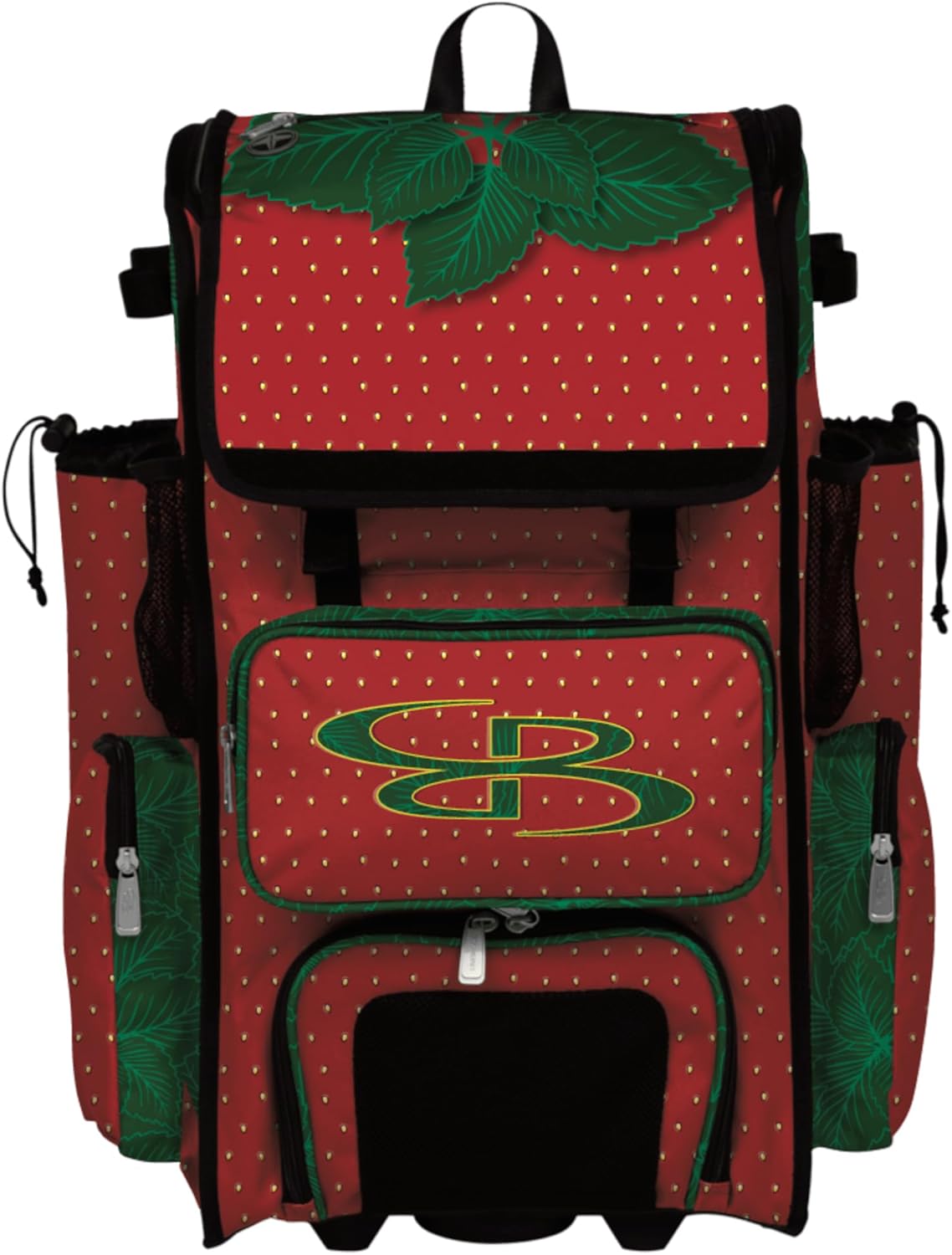 Boombah Rolling Superpack Baseball/Softball Gear Bag - Telescopic Handle - Holds 4 Bats - Wheeled Version - Super Strawberry Red/Dark Green/Kelly Green