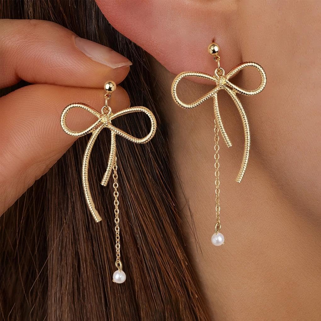 Vintage Gold Bow Pearls Drop Dangle Earrings for Women,Dainty Aesthetic Geometric Bowknot Pearl Statement Earring,Unique Jewelry Accessories Gifts - Image 2