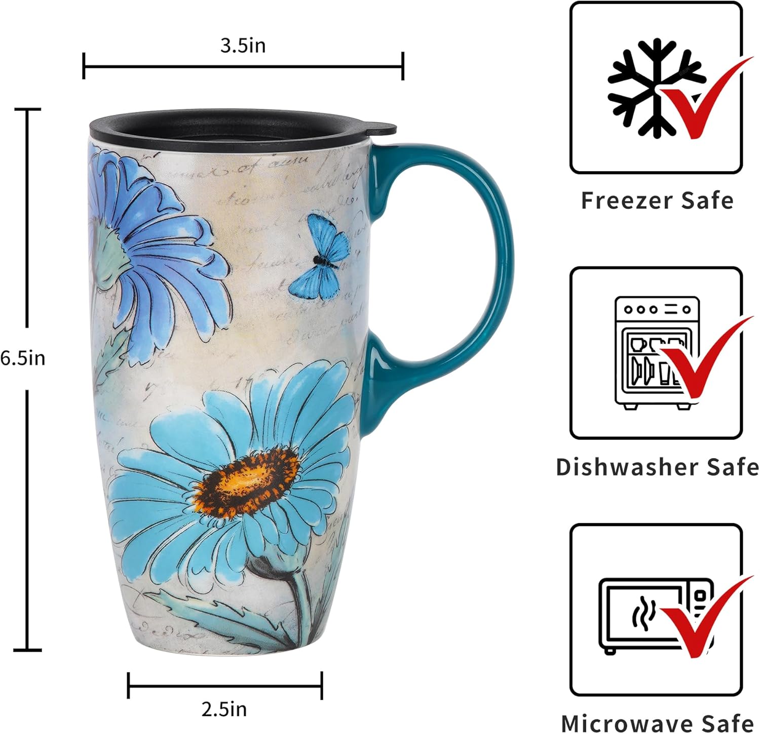Ceramic Mug Travel Coffee Cup with Lid and Handle for Home & Office, 17oz Porcelain Tall Tea Cup with Color Box, Daisy Flower - Image 2