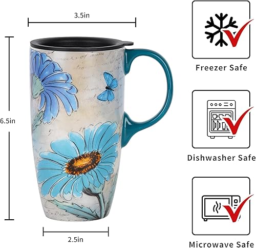 Miniatura 32 de Taza de café de cerámica para regalo con tapa de 17 onzas, taza de té alta de porcelana con asa para el hogar y la oficina, taza con diseño