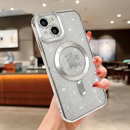 Miniatura 2 de Funda magnética transparente con purpurina para iPhone 14, compatible con Magsafe, diseño de corazón de amor, chapado de lujo, protector completo de