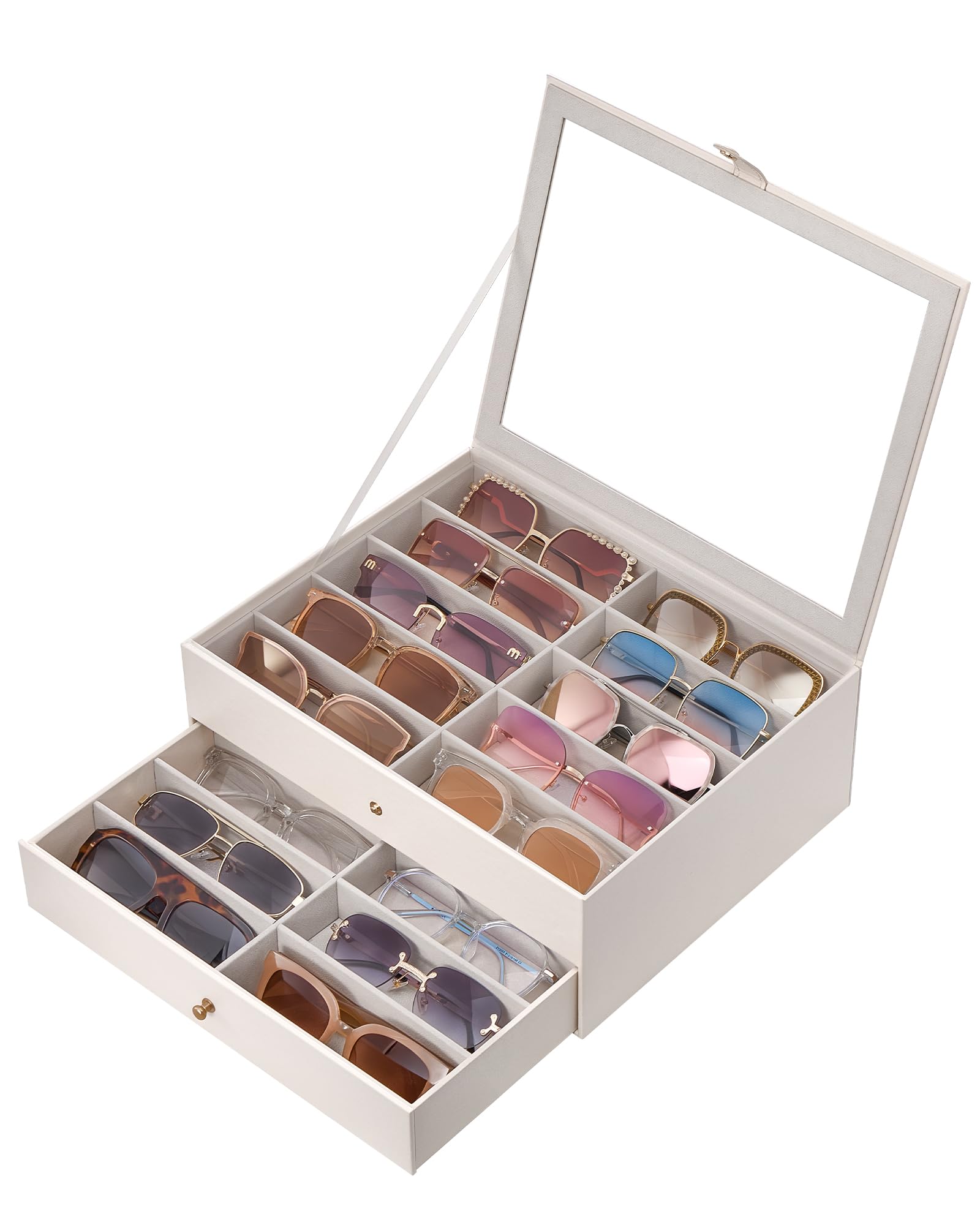 Lolalet 20 Slots Sunglasses Organizer Box, Eyeglasses Eyewear Display Case for Multiple Pairs of Glasses with Transparent Top Lid Jewelry Watches Collection Holder for Men Women -2 Layers, Beige
