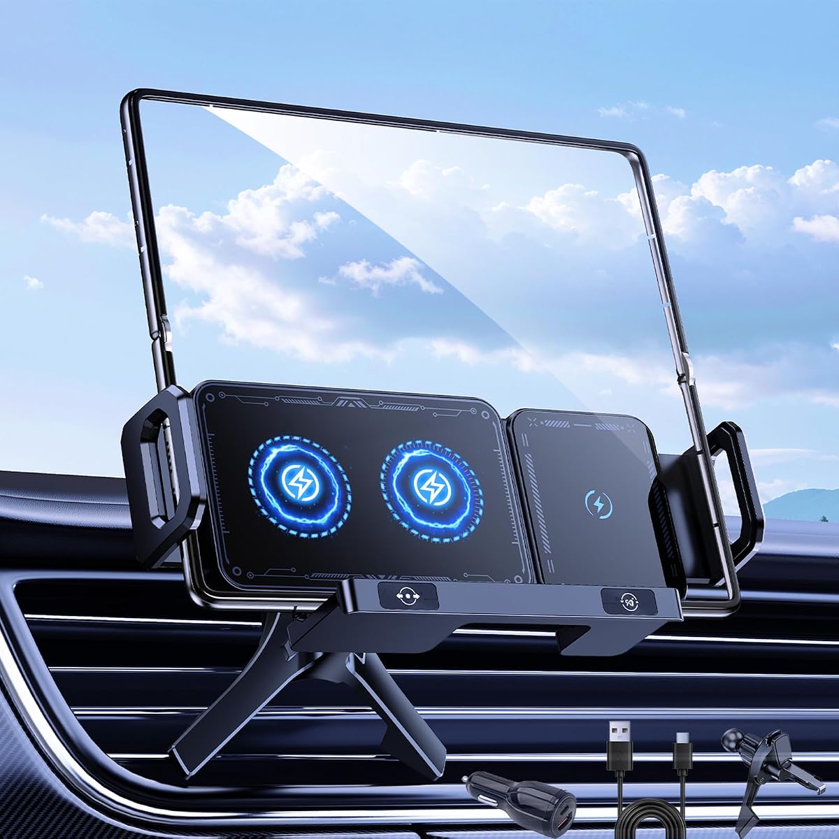 Wireless Car Charger Mount for Samsung Galaxy Z Fold 8 Ultra 7 6 5 4 | Auto Rotating Clamping Car Vent Phone Holder, Dual Coils Fast Charging for Samsung Google Pixel fold 10 Pro Folding Screen