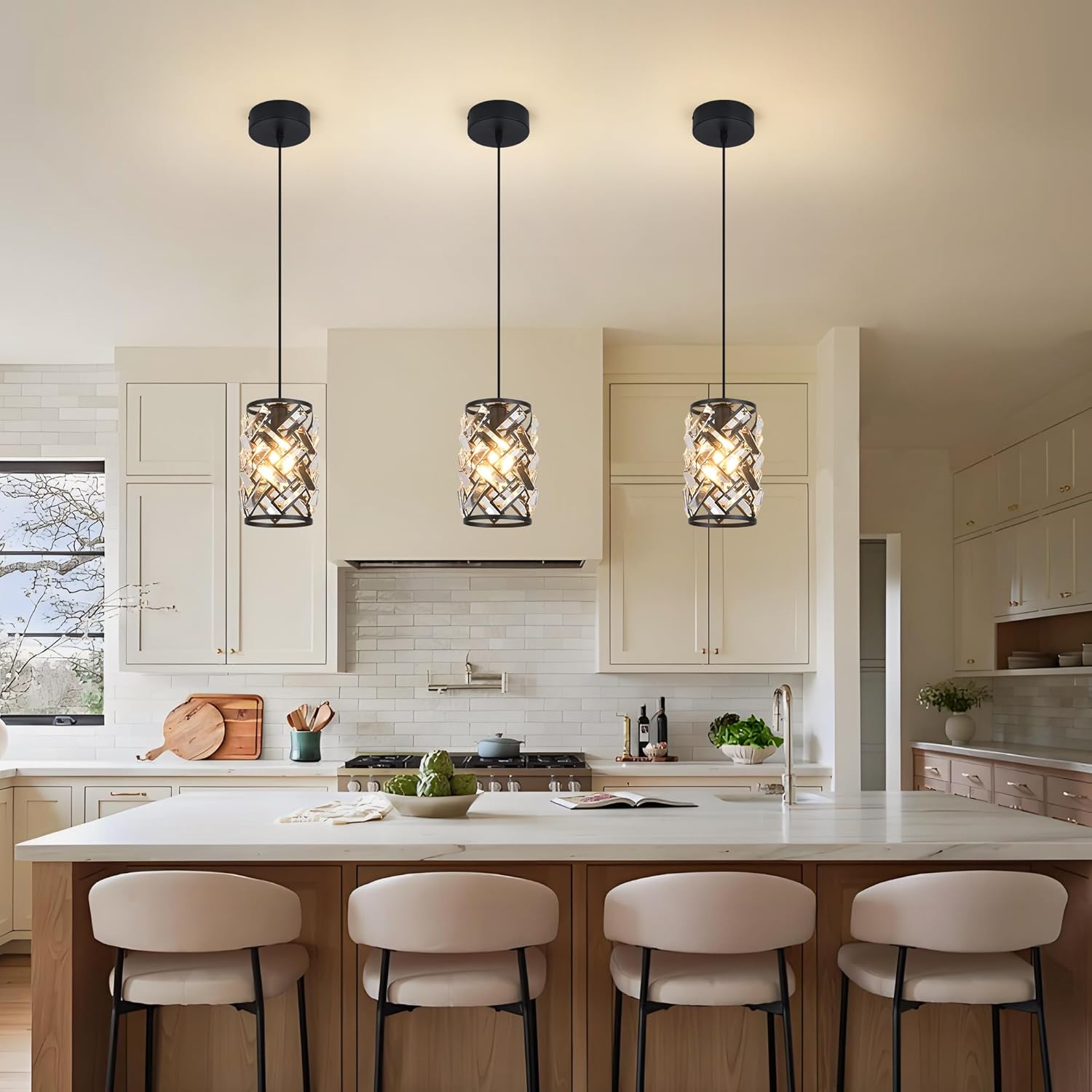3 Pack Black Pendant Lights Kitchen Island, Kitchen Island Dining Room Light Pendant Lighting Fixtures High end Crystal Chandelier Over Island Table Modern Hanging Light for Bar Dining Room