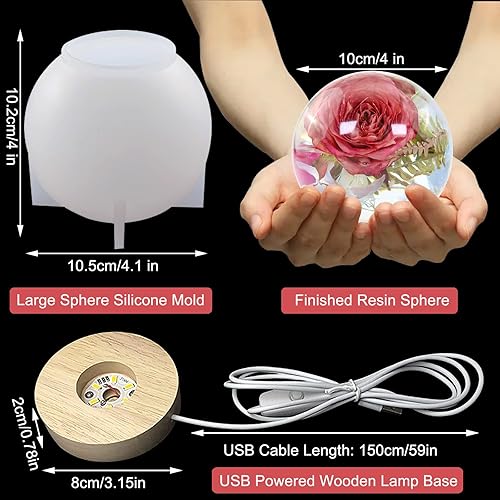 Miniatura 2 de Voaesdk Molde de resina de luz redonda de esfera grande de 4 pulgadas, molde de resina de silicona LED con 1 soporte de base iluminado de madera