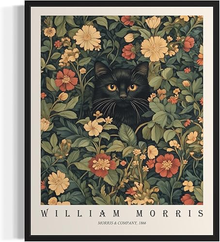 Póster con impresión artística de gato negro, estilo William Morris, floral retro de mediados de siglo, botánico, victoriano, Academia oscura,