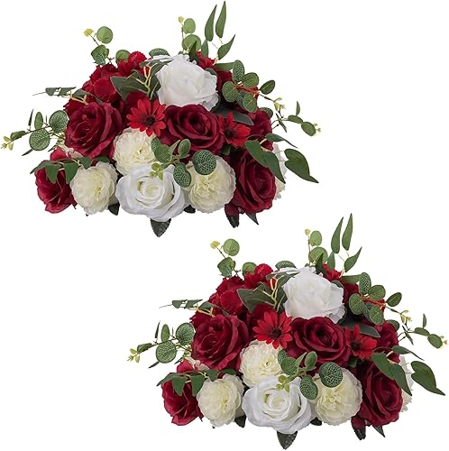 NUPTIO Arreglo de Ramo de Bolas de Flores - 2 Piezas de 13.8 pulgadas de Diámetro Bolas de Rosas Falsas Carmesí y Blanco para Centros de Mesa Mesas