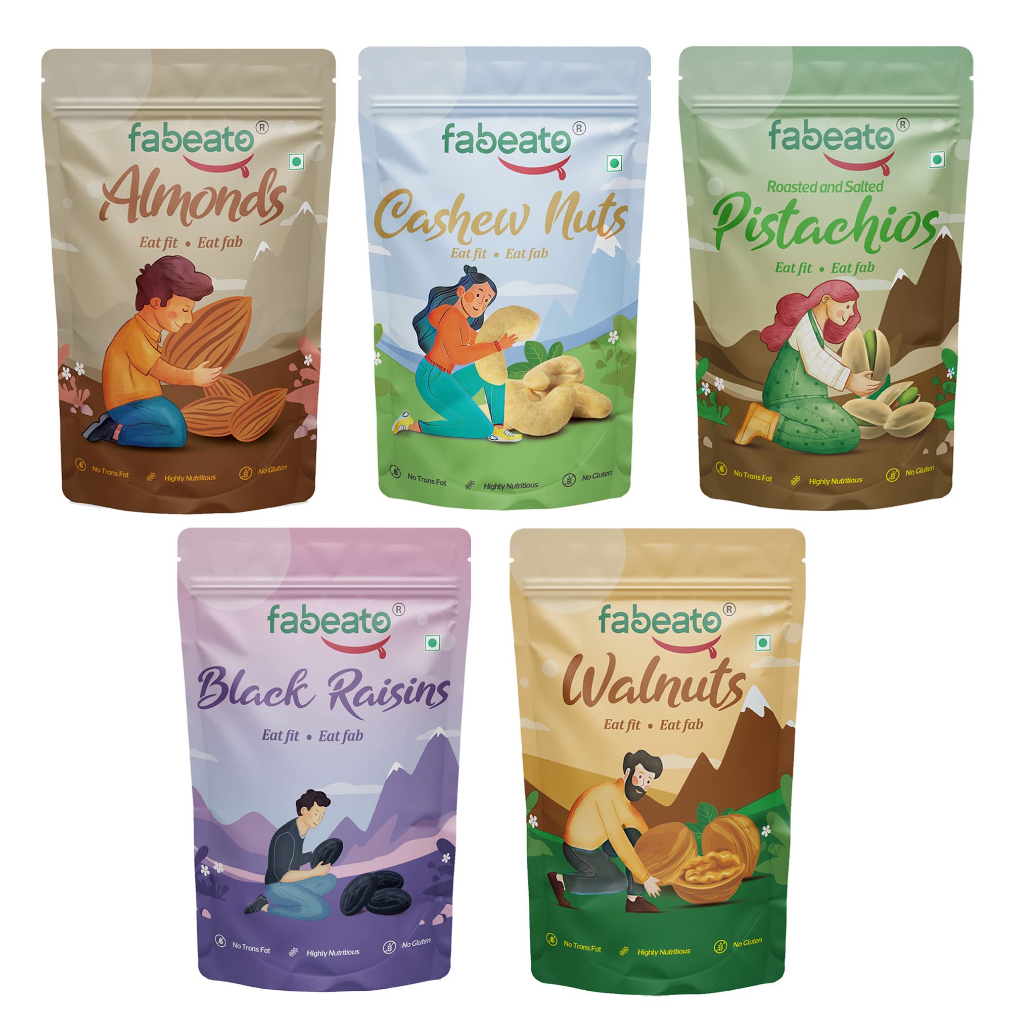 Fabeato Dry Fruits & Nuts Combo (200g x 5) Almonds,Cashews,Pistachios,Walnut Kernels,Seedless Black Raisins