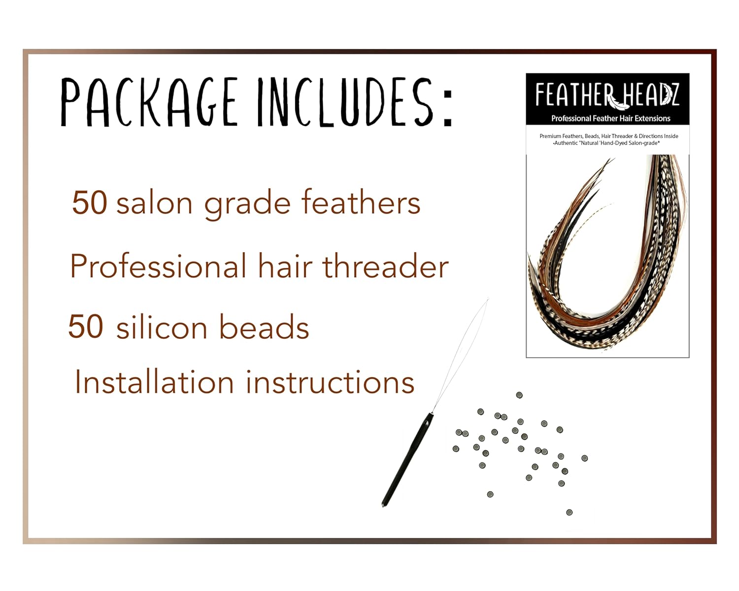 50 Natural Color Hair Extensions – 7”–11” Long – DIY Rooster Kit with 50 Micro-Link Beads – 100% Real Feathers – Eye-Catching Boho Style
