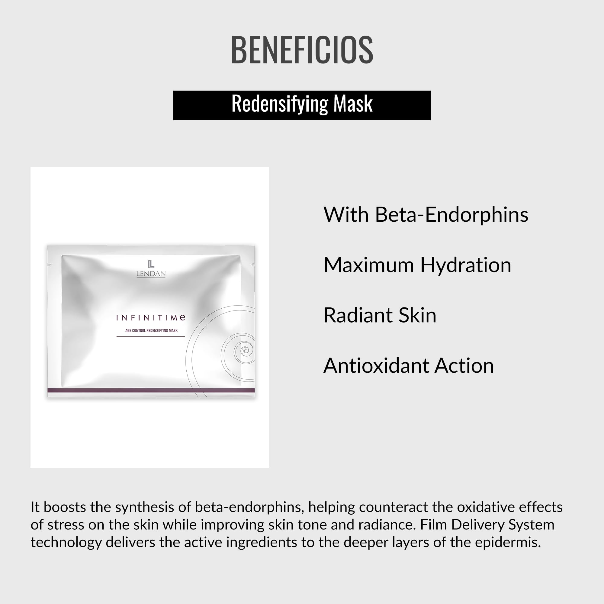 LENDAN - Mascarilla Facial Redensificante - Infinitime - 6 Sobres con 1 Mascarilla Escote + 1 Mascarilla Rostro - con Beta Endorfinas - Máxima Hidratación - Piel Luminosa - Acción Antioxidante