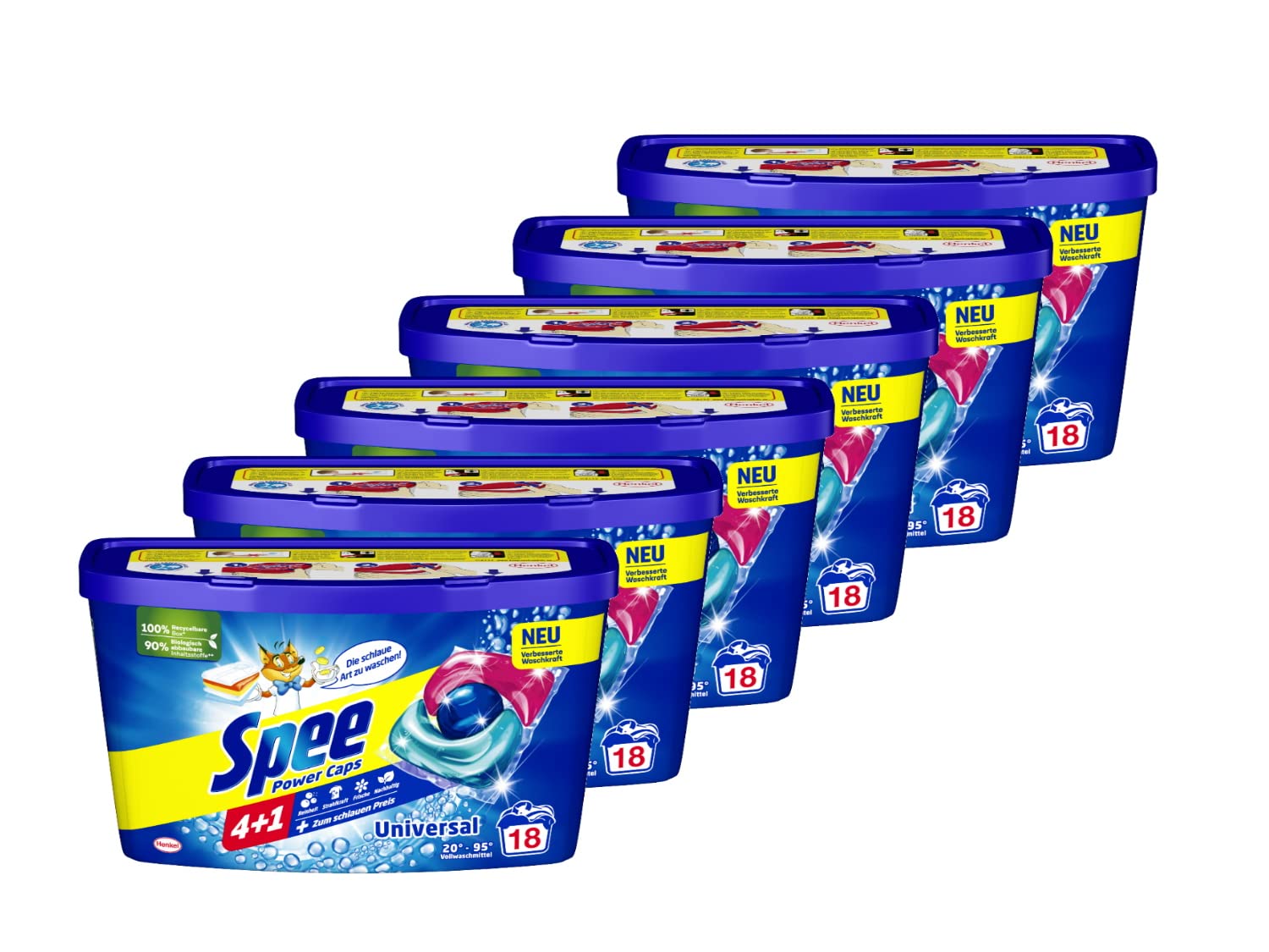 Spee Power Caps Universal 4 + 1 108 WL (6 x 18 Waschladungen), Vollwaschmittel für helle und weiße Wäsche, vordosiertes Waschmittel vereint Reinheit, Strahlkraft, Frische & Nachhaltigkeit