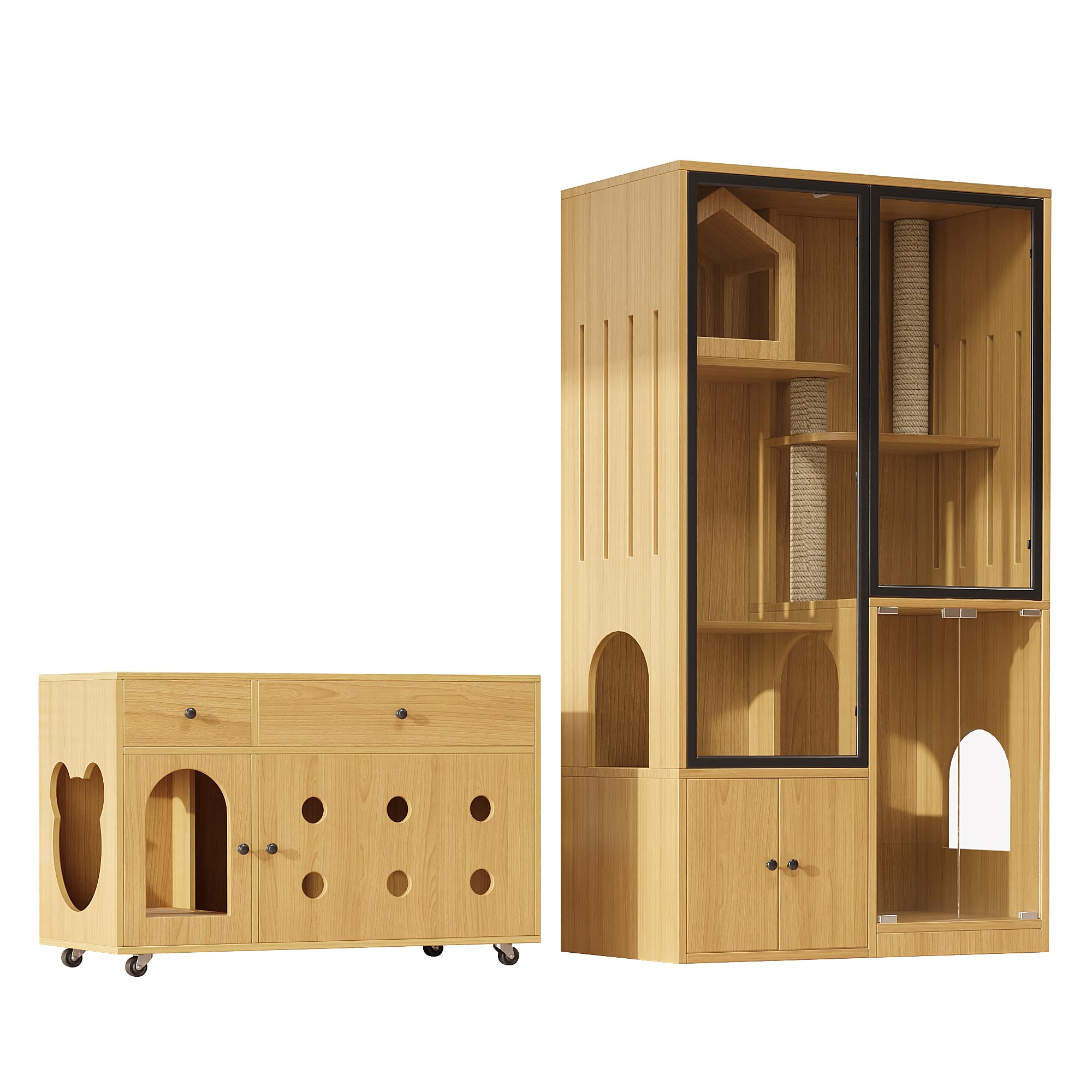 Gatos caseta para gatos, casa de cristal para gatos, valla grande de cuatro pisos, valla resistente al invierno, jaula para gatos resistente al invierno, con poste rascador, 90 x 50 x 160 cm (C)