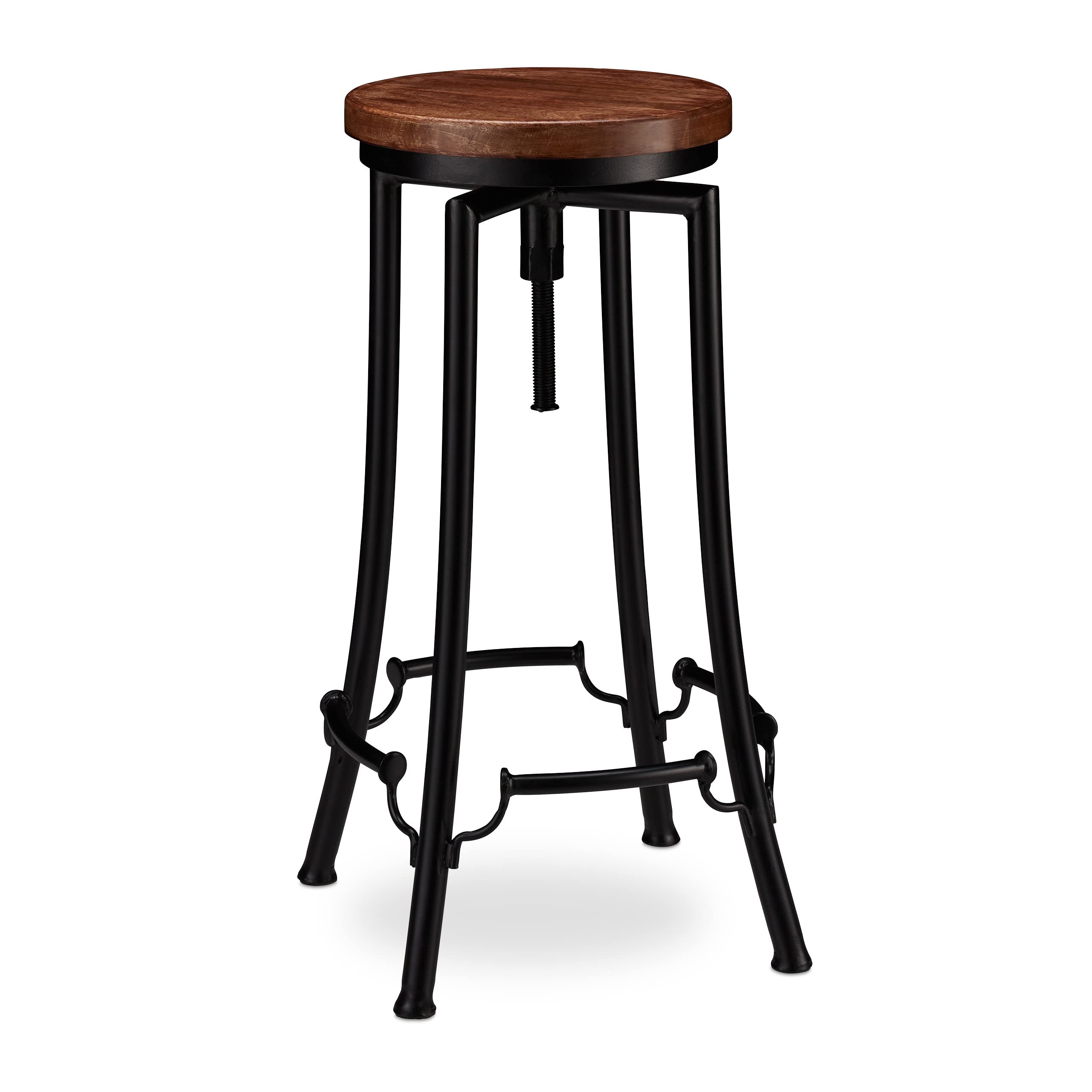 relaxdays Taburete Alto Cocina, Banqueta Bar, Vintage Industrial, Hierro-Madera, Altura Ajustable 77,5 cm, Negro-Marrón