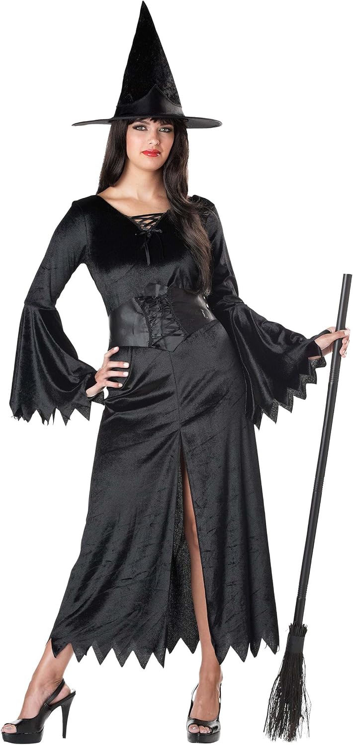 Adult Wicked Witch Costume, Classic Velvet Dress, Jagged Bell Sleeves and Lace Details