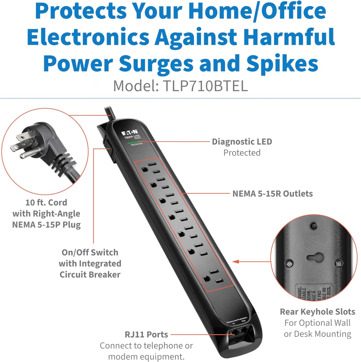 Eaton Tripp Lite Series TLP710BTEL Surge Protector Power Strip with Flat Plug & Modem/Phone Ports, 7 Outlets, 900 Joules, 10ft Power Cable, Black, Manufacturer's Liftime Warranty & $50,000 Insurance