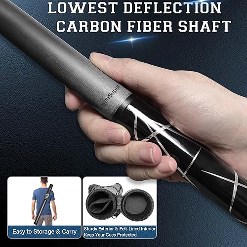 Miniatura 4 de Taco de billar profesional de fibra de carbono con eje de desviación baja con estuche rígido y accesorios, punta de 0.492 in, 58 pulgadas, 21 onzas