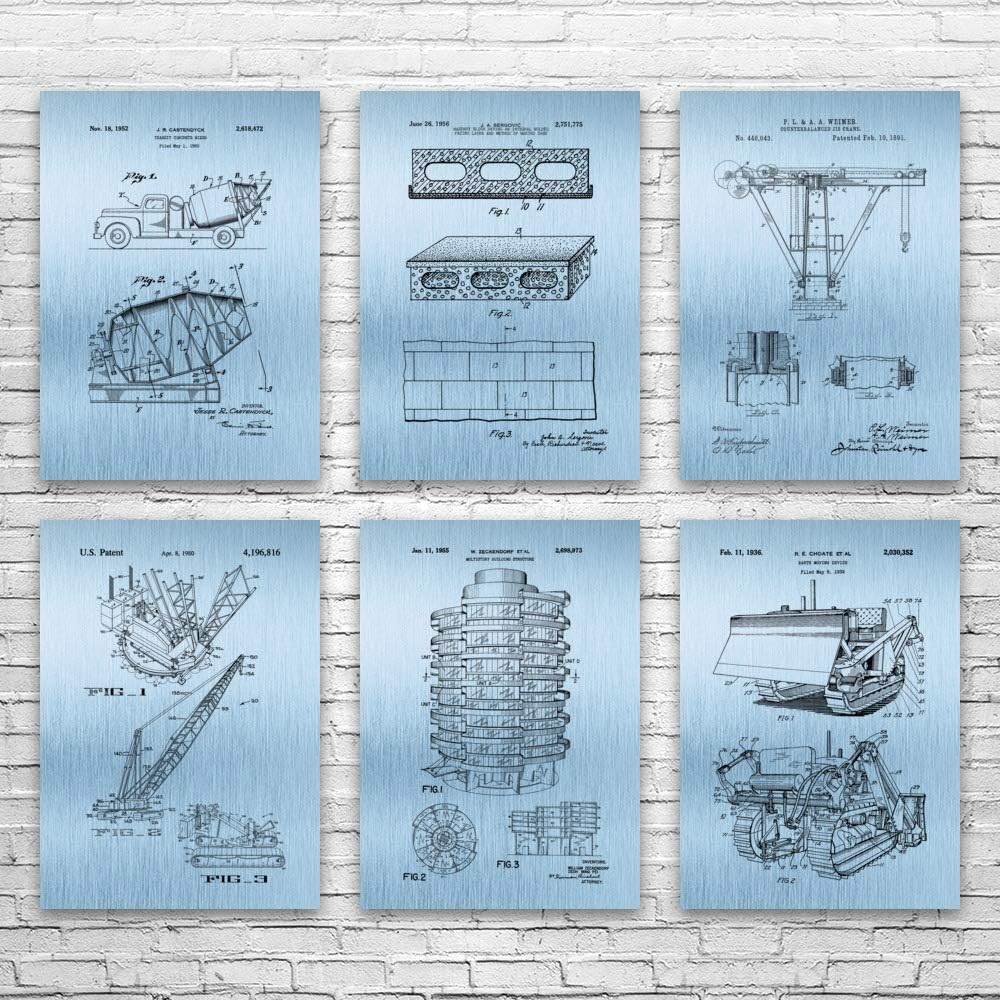Patent Earth Building Construction Posters Set of 6 (8x10), Construction Worker, Contractor Gift, Truck Blueprint, Workshop Wall Art Black Chalkboard