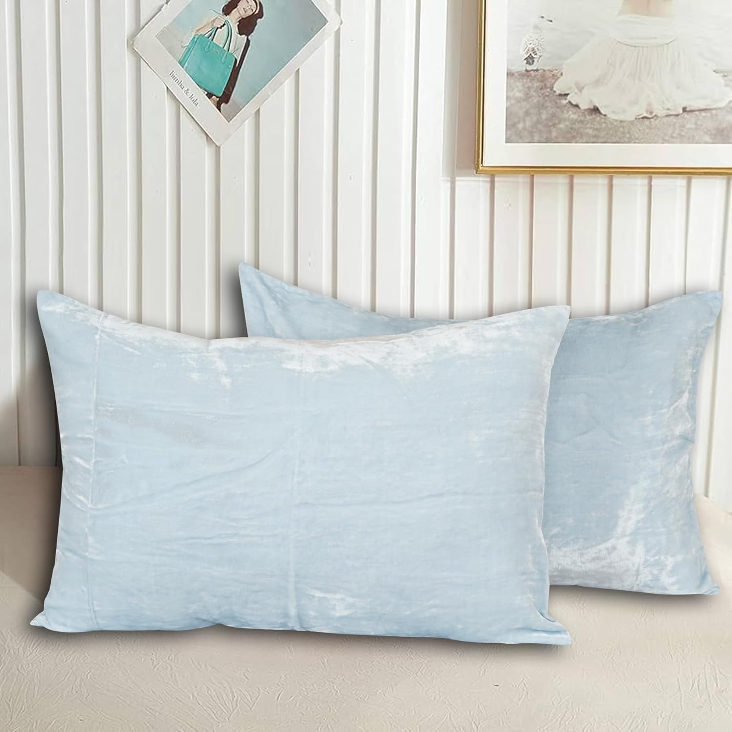 Luxe Boho Decor Art Pillowcase Set Solid Hippie Stylish UO Large Unique Velvet Pillow Cover Set of 2 (Pastle Blue, 12x16 Inches)