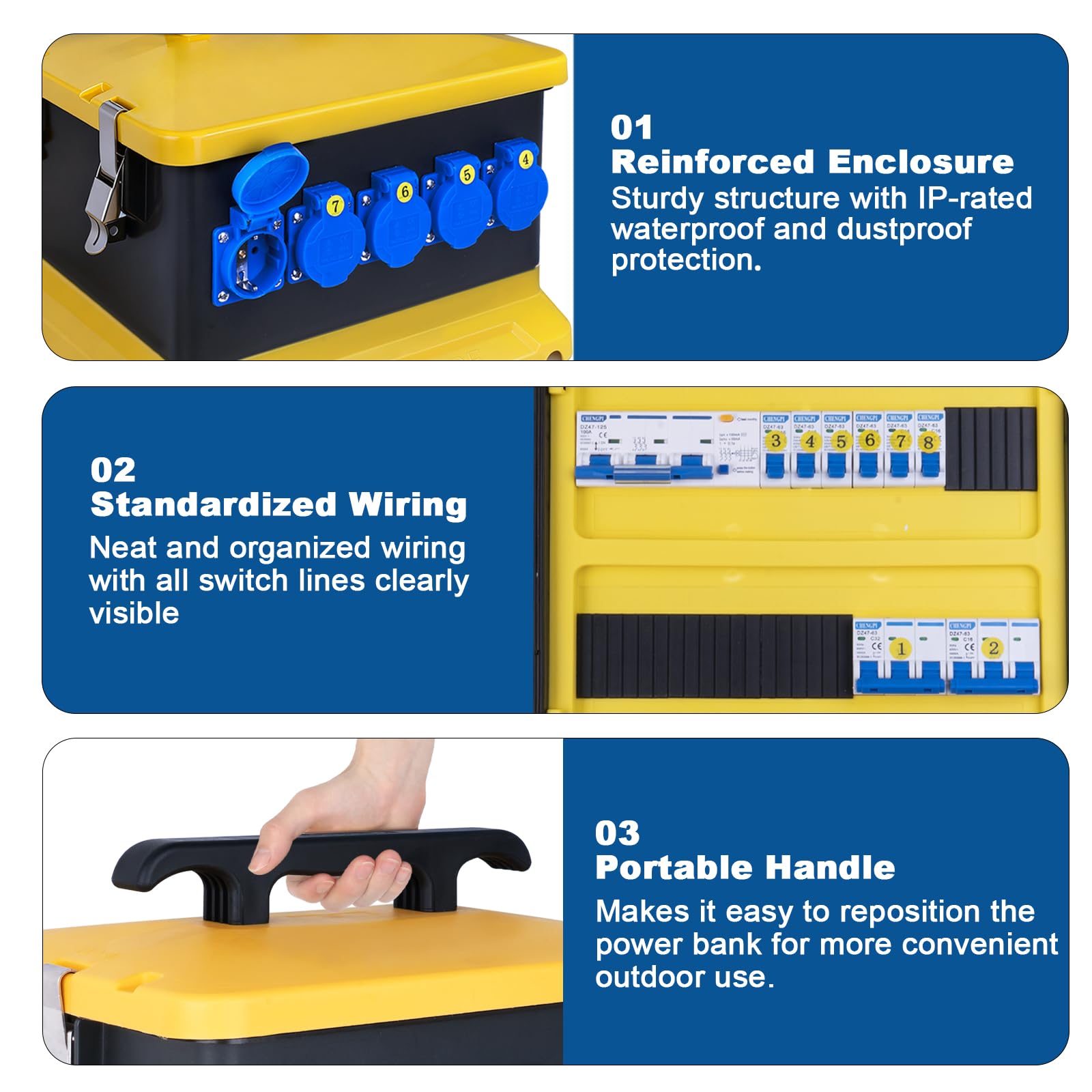 Distribuidor de Corriente para construcción, 30 módulos con Interruptor de protección, IP54, Resistente al Agua, Caja de Enchufe portátil con IP54, 230 V/16 A, Enchufe Schuko, IP44