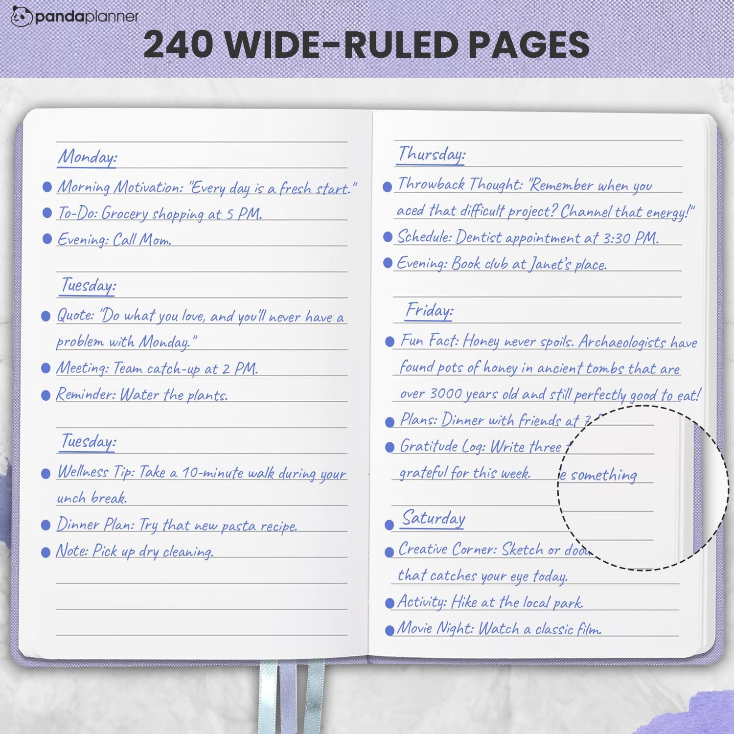 Panda Planner Wide Ruled Notebook – 5.75" x 8.25" Hardcover Faux Leather Journal with 240 Wide Lined Sheets – Thick 120 GSM Paper for School, Work, To-Do Lists & Note Taking (Purple) image 2