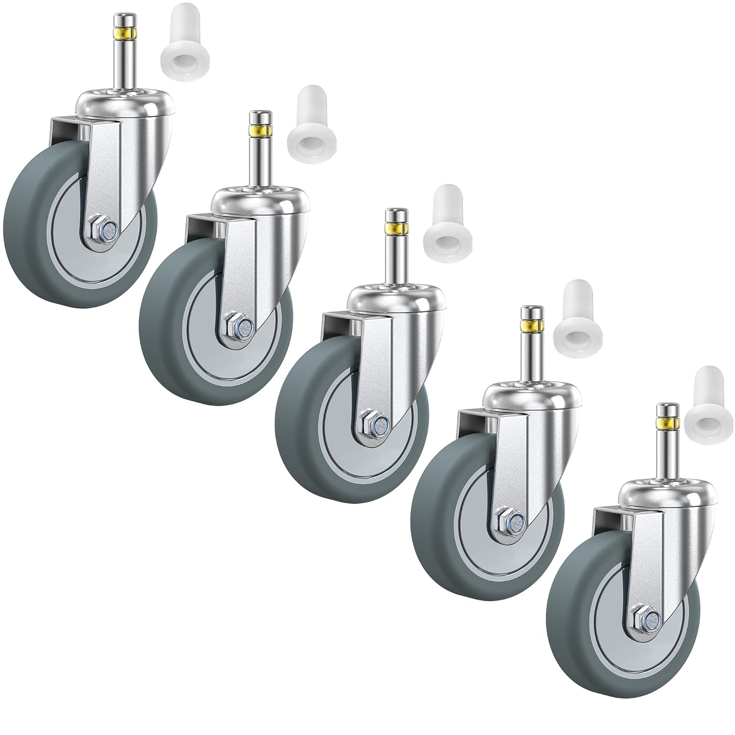 HOLKIE Stem Caster Wheels 3 inch Casters Set of 5, 7/16-Inch Stem Diameter Swivel Castor Heavy Duty TPR Rubber Replacement Castors for Trash Can Dolly, Work Stool