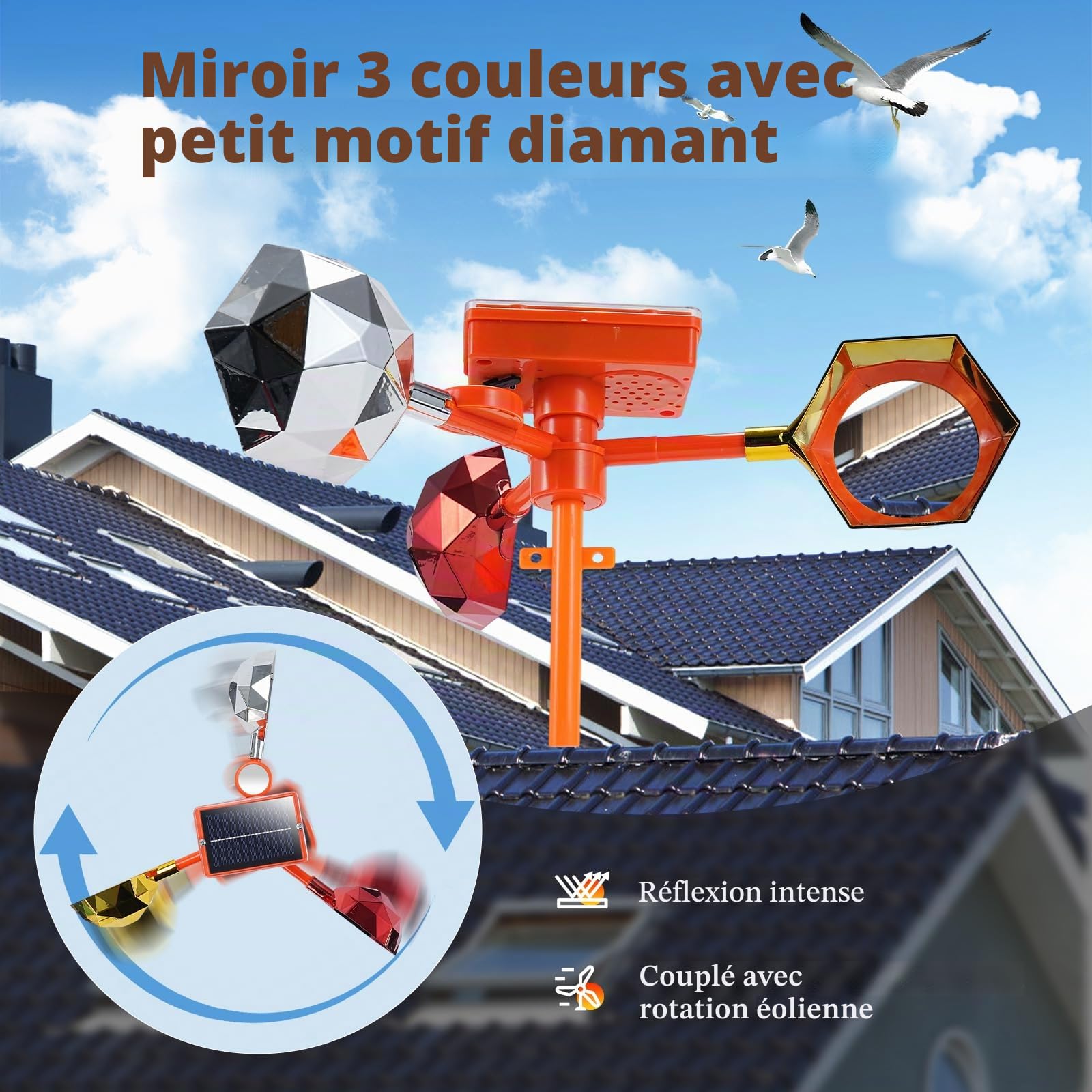 Effaroucheur Oiseaux, Répulsif Contre Les Pigeons avec Bruit de Dissuasion, Réflexion à 360°, Repulsif Pigeon Réflecteurs Rotatifs Les Pigeons, pour Jardin, Balcon, Verger, Cour