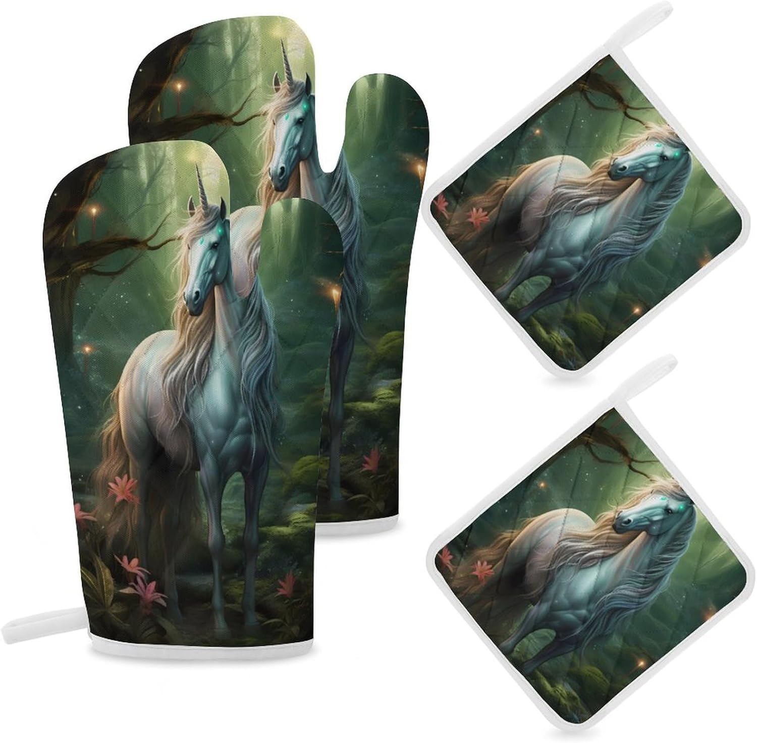 Unicorn 4 Pcs Oven Mitts and Pot Holders Set High Heat Resistant Long Kitchen Oven Glove Potholders