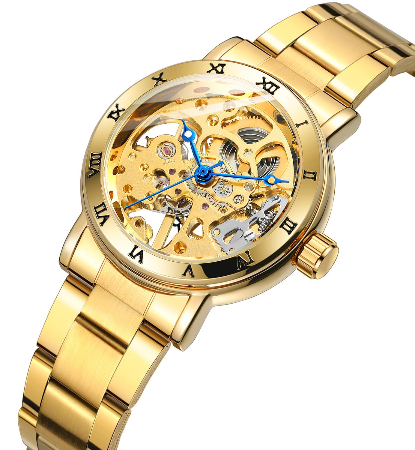 MASTOP Orologio da polso meccanico automatico da donna, in acciaio inox, con scheletro, orologio da polso a carica automatica, impermeabile, quadrante da donna