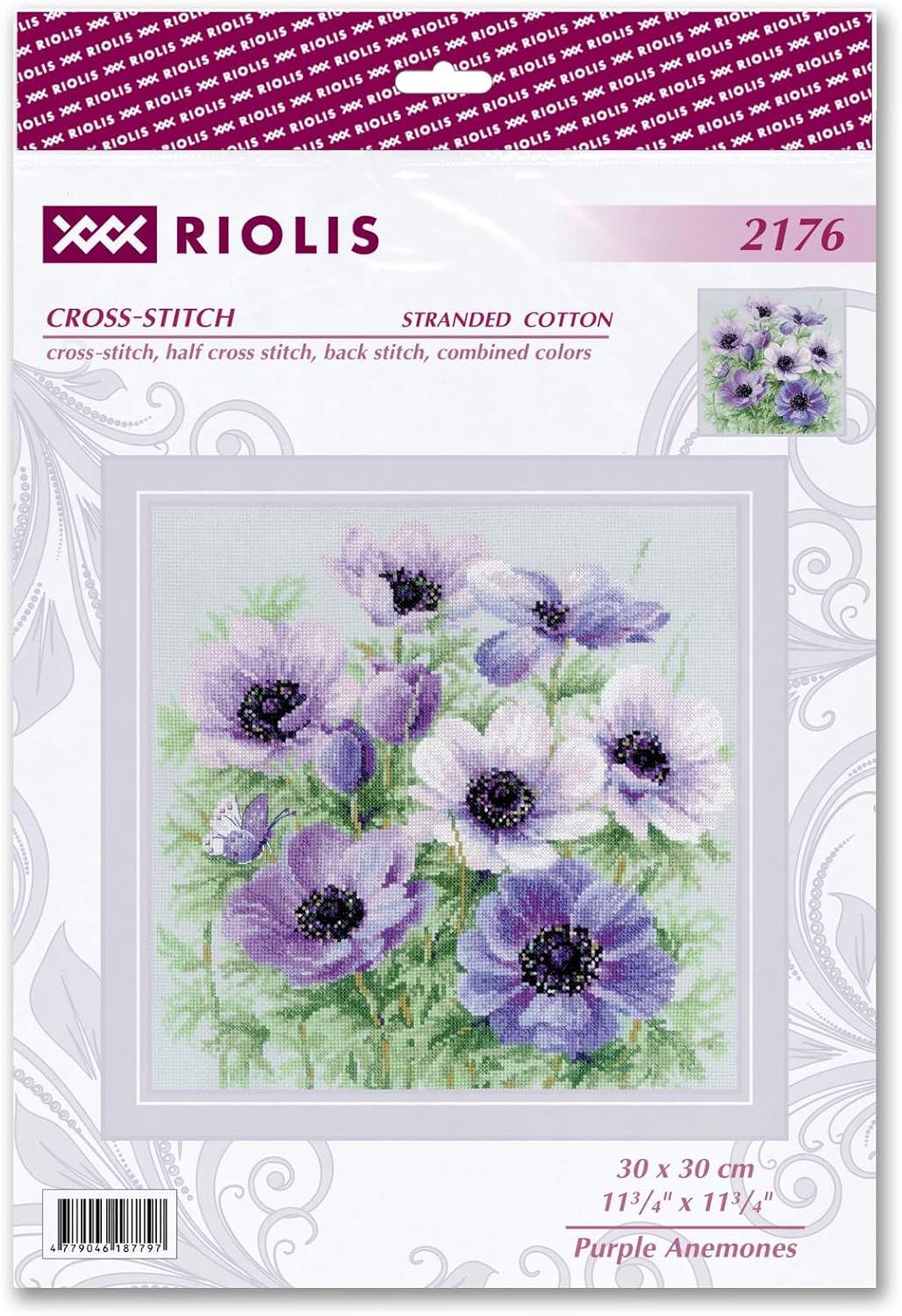 RIOLIS - Purple Anemones 2176, Cross Stitch Kits 11¾" x 11¾", Cross Stitch Kits for Adults, Floral Counted Cross Stitch Kits, Embroidery Kit for Beginners & Advanced, Crossstitching Kits