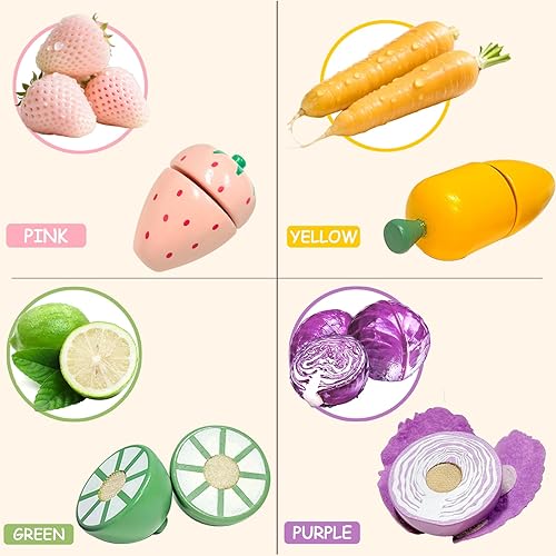 Miniatura 4 de WHOHOLL Juego de alimentos para jugar, accesorios de cocina, juguetes de madera, cortar alimentos, frutas y verduras Montessori, regalos de