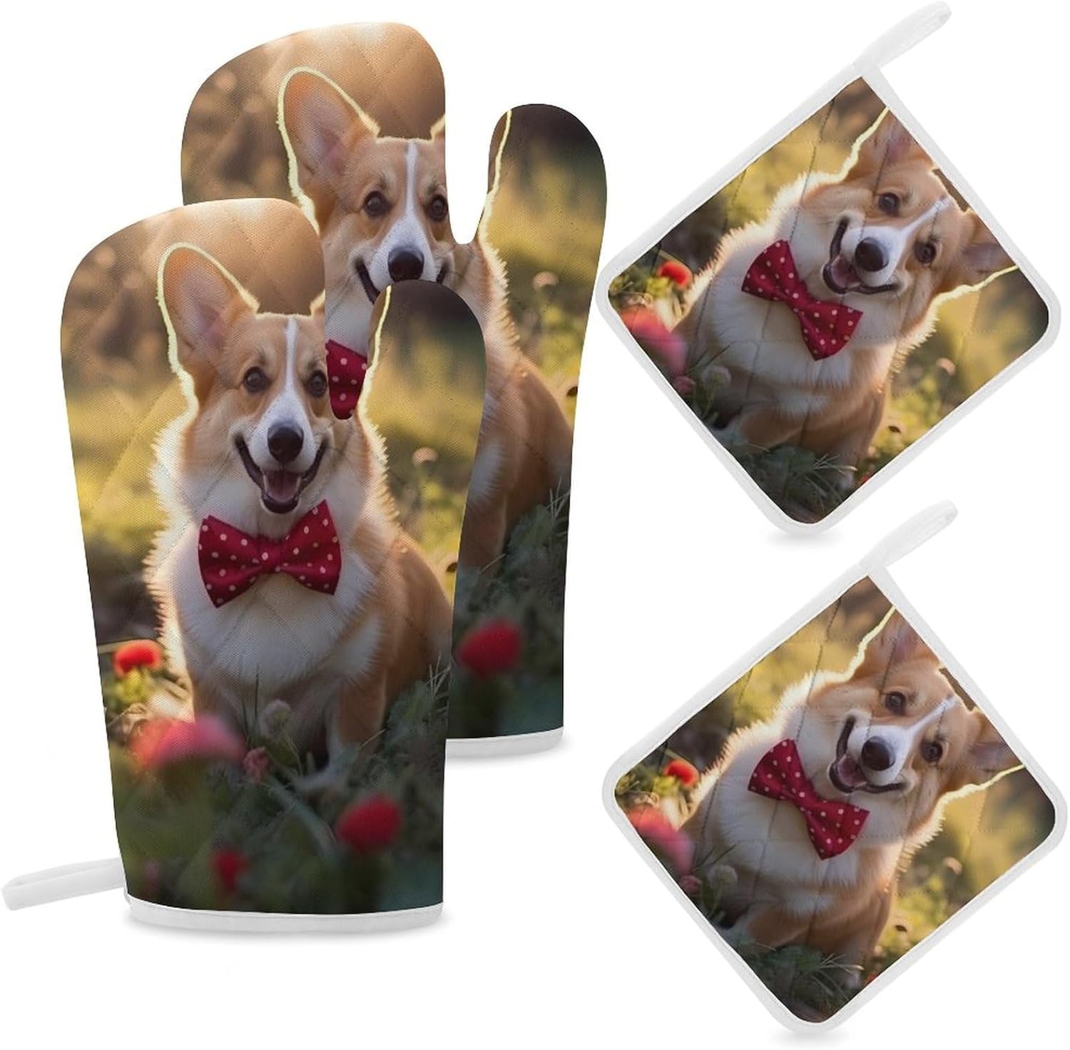 Corgi Dog 4 Pcs Oven Mitts and Pot Holders Set High Heat Resistant Long Kitchen Oven Glove Potholders