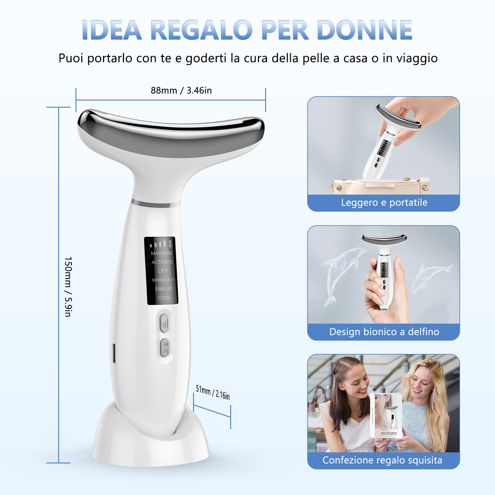 Massaggiatore Viso Elettrico,Massaggiatore Viso Lifting a 6 Modalità a 45 °C per L'anti-età, il Lifting e il Rassodamento Della Pelle Cadente (Modalità LED a 4 Colori - Bianco)