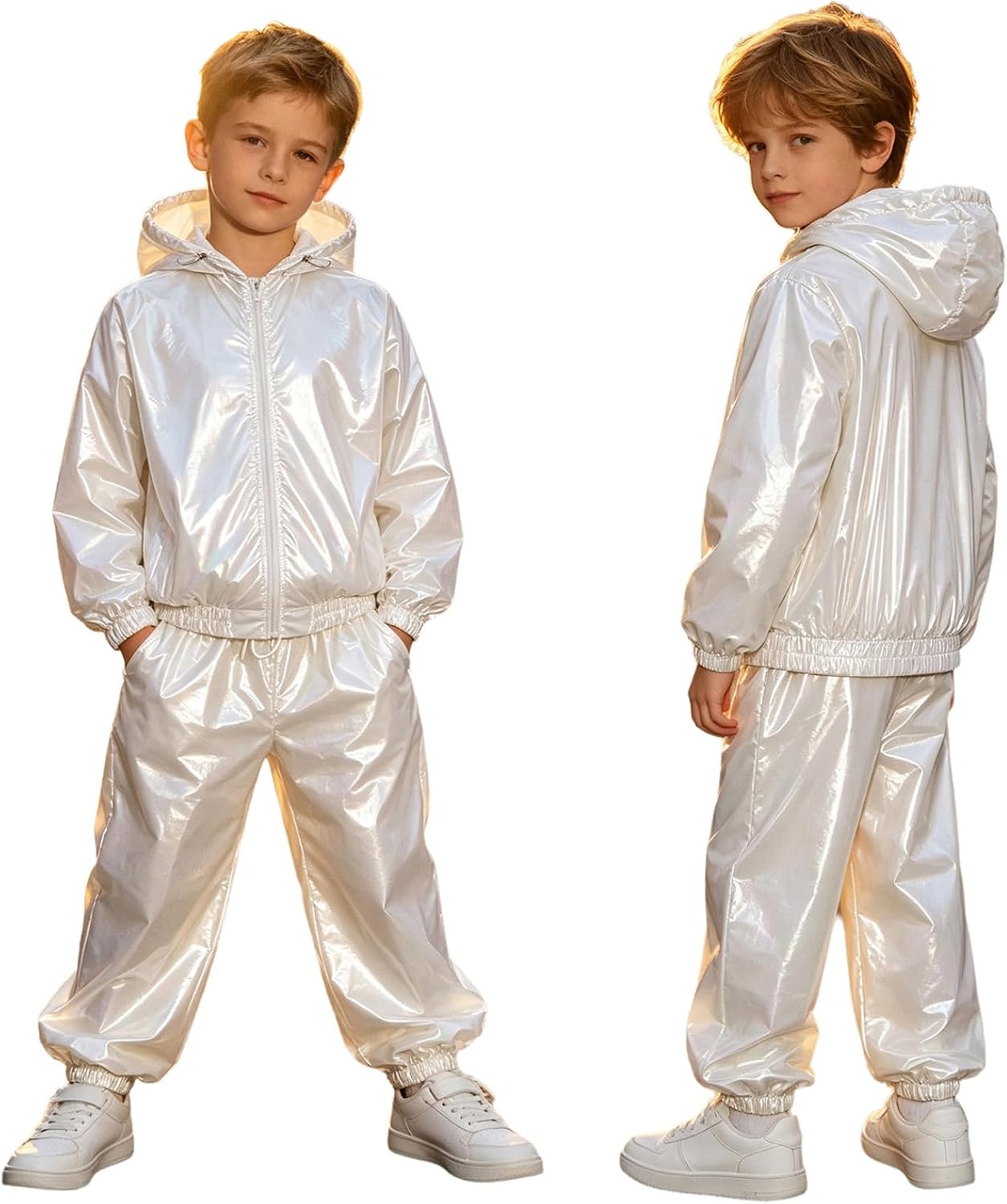 Boys Metallic Hooded Jacket Pants Set Raincoat Set Ivory 14 Years